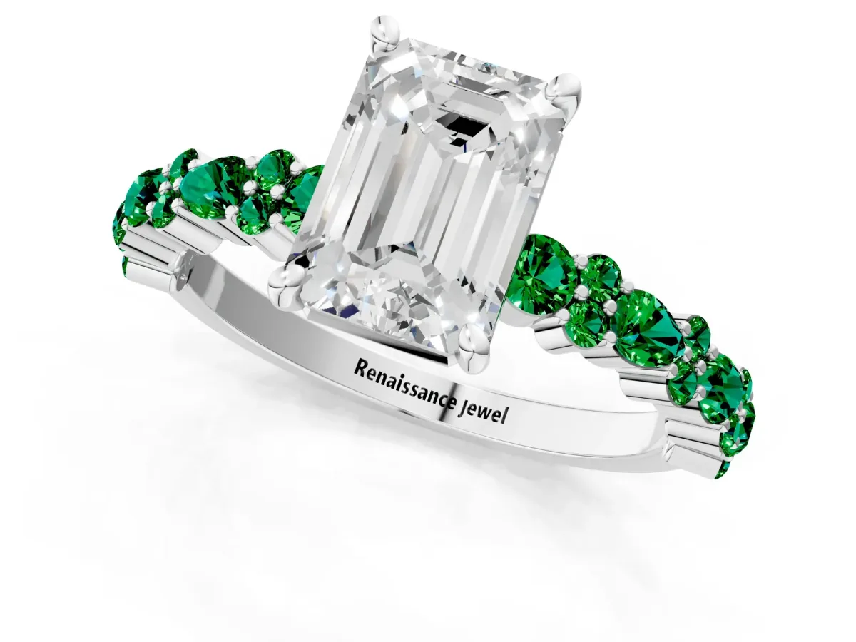 Emerald Cut Diamond Side Stone Solitaire Ring with Round Emerald and Four-Prong Setting Platinum
