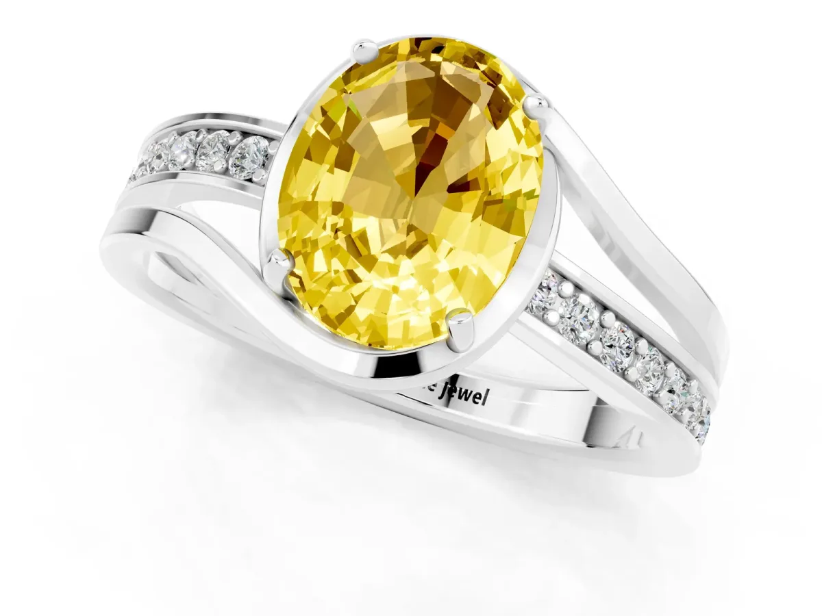 Oval Cut Yellow Sapphire Solitaire Ring with Split Shank and Prong Setting White gold