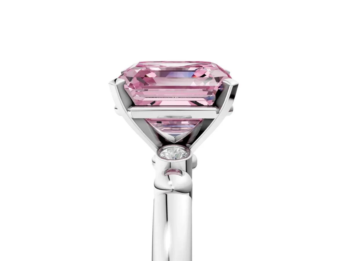 Fancy Pink Asscher Cut Solitaire Beaded Band with Four-Prong Setting Platinum