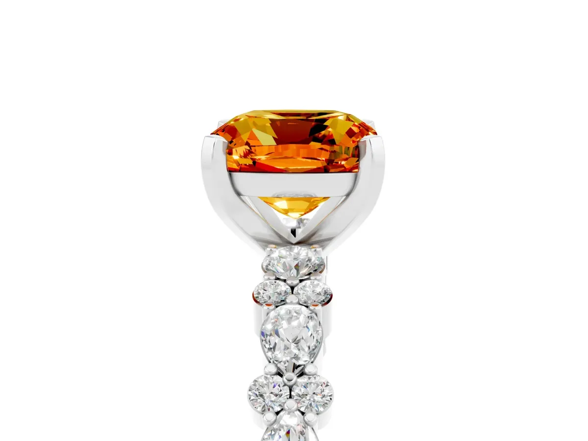 Cushion Cut Citrine Side Stone Solitaire Ring with Round and Four-Prong Setting Silver
