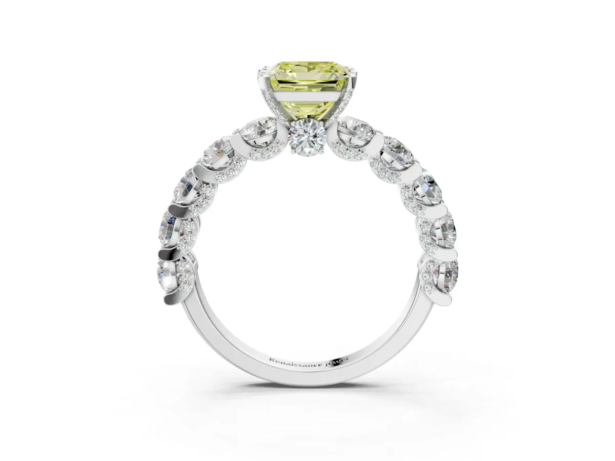 Fancy Yellow Princess Cut Diamond Side Stone Engagement Ring with Four-Prong Setting Platinum