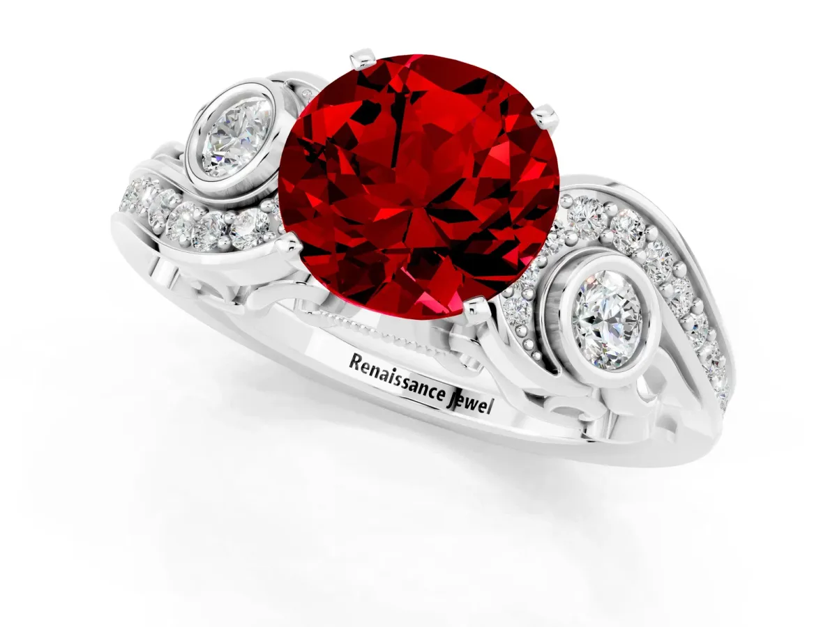 Round Cut Ruby Solitaire Ring with Milgrain Pavé Band and Four-Prong Setting Silver