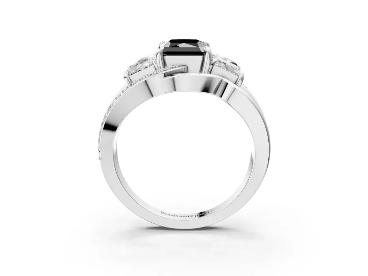 Fancy Black Three-Stone Radiant Cut Cut Diamond Split Shank Prong Set Ring Platinum