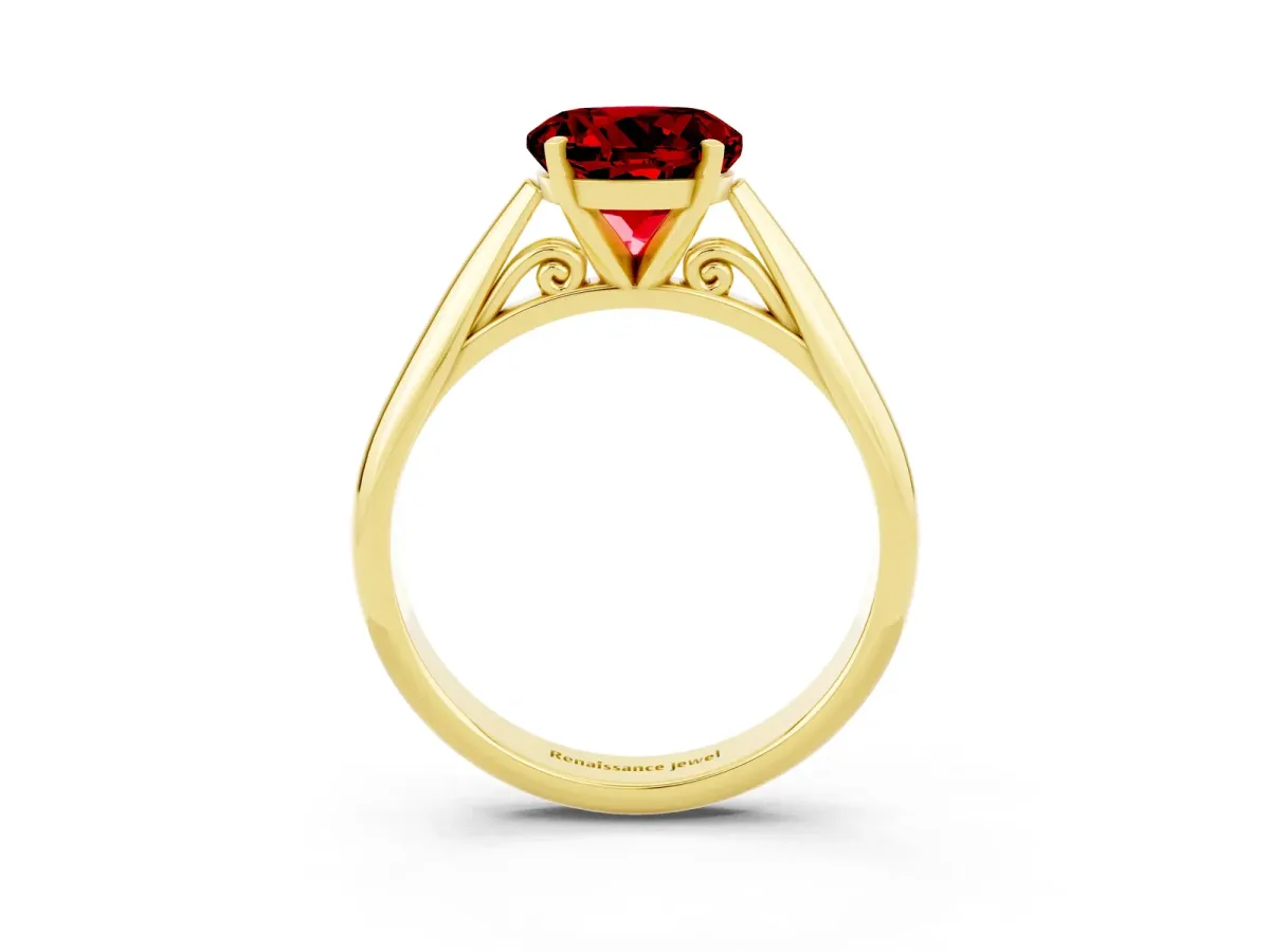 Round Cut Ruby Solitaire Engagement Ring with Cathedral Setting and Four-Prong Mount Yellow gold