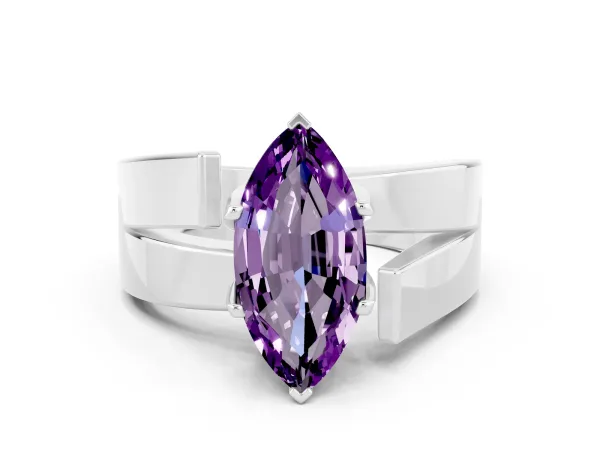 Modern Tension Set Marquise Cut Amethyst Solitaire Wide Band Ring Platinum