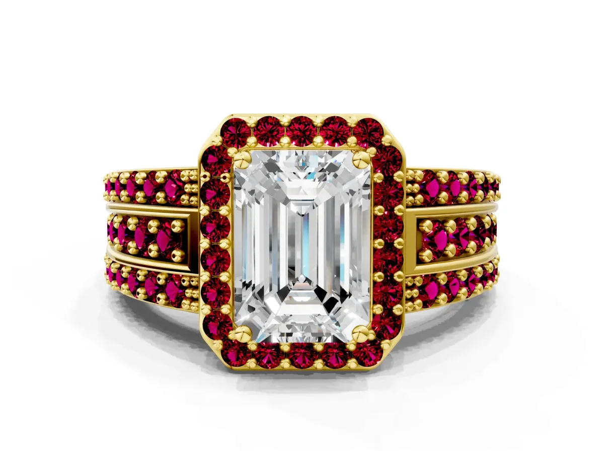Emerald Cut Halo Diamond Ring with Round Garnet Split Shank and Prong Setting Yellow gold