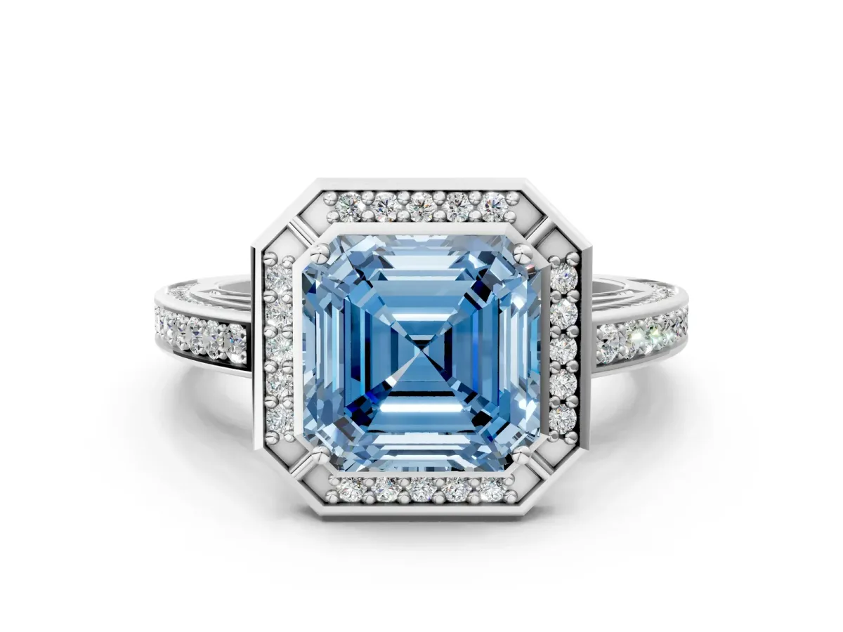 Fancy Blue Asscher Cut Cut Halo Pave Split Shank Prong Setting Ring Platinum