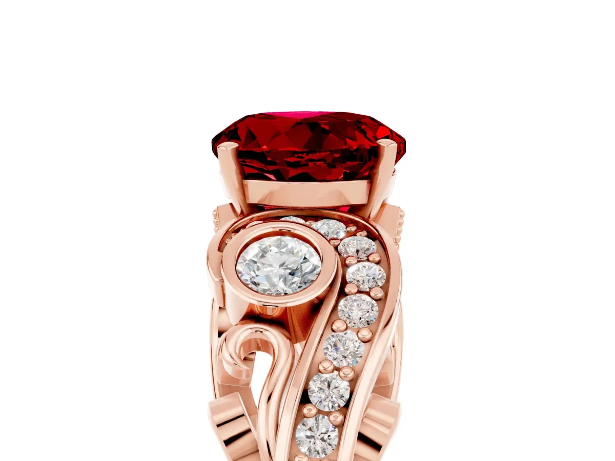 Round Cut Ruby Solitaire Ring with Milgrain Pavé Band and Four-Prong Setting Rose gold