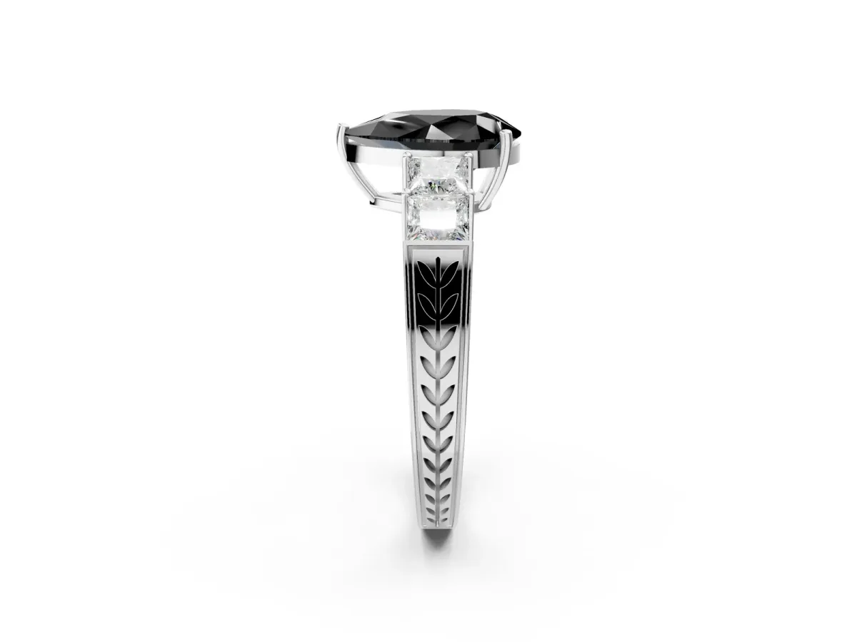 Fancy Black Pear Cut Solitaire Princess Side Stone Engraved Band Prong Setting Ring Platinum