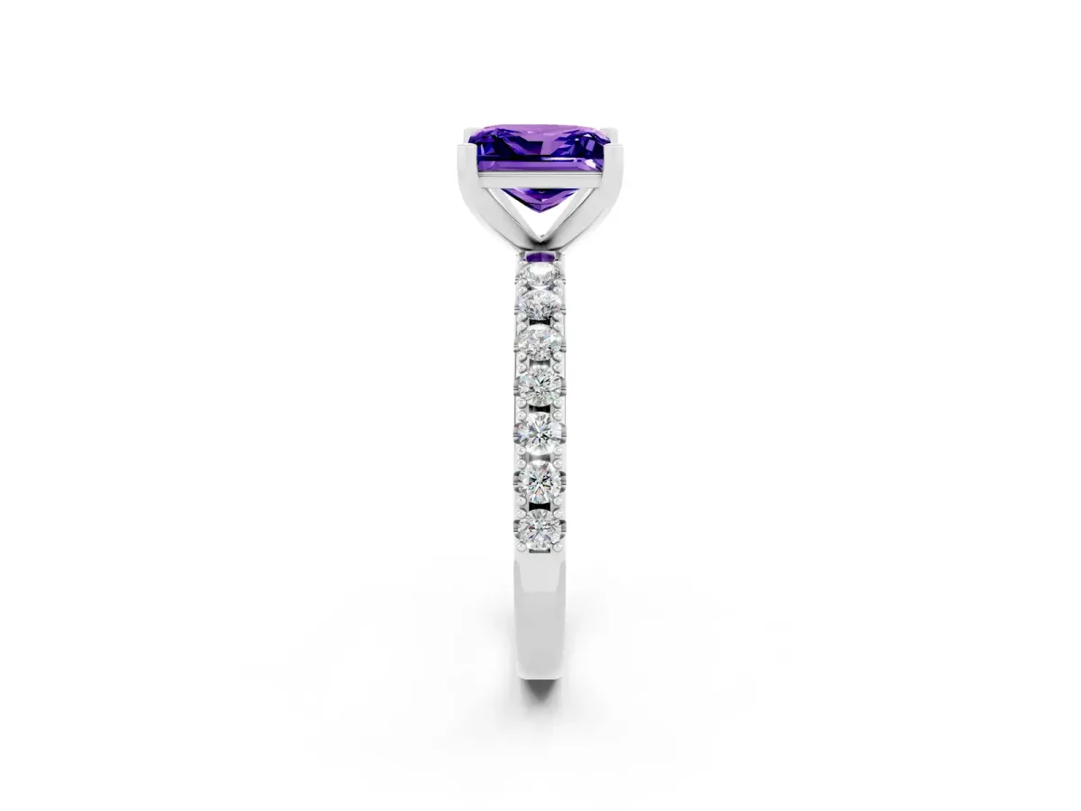 Princess Cut Tanzanite Solitaire Pavé Band with Four-Prong Setting Silver