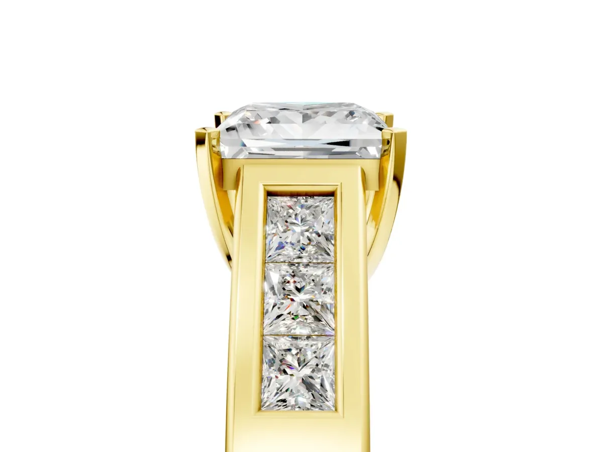 Princess Cut Cut Channel Set Solitaire Ring with Four-Prong Setting Yellow gold