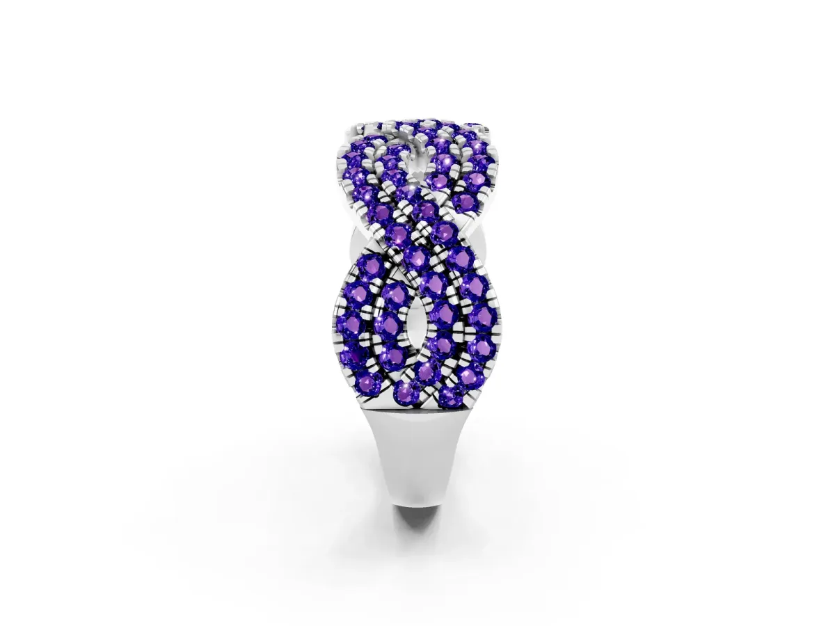 Pavé Round Tanzanite Infinity Twist Band with Shared Prong Setting White gold
