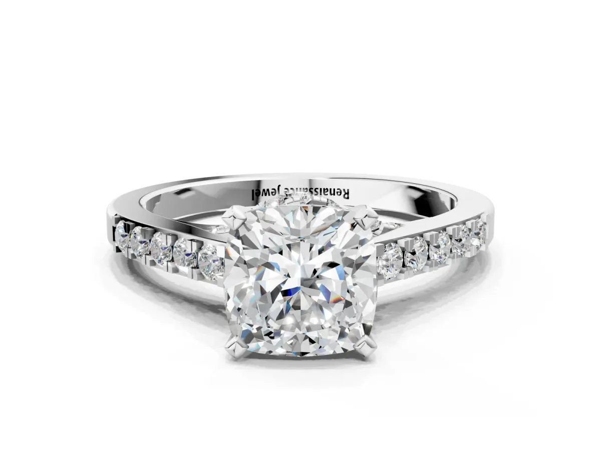 Cushion Cut Diamond Solitaire Ring with Crossover Gallery and Round Pavé Band Silver