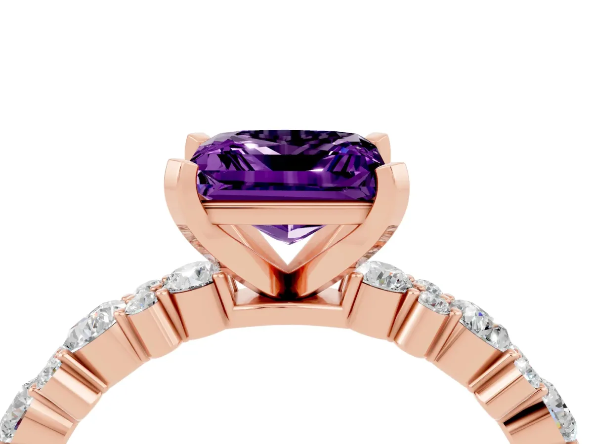 Princess Cut Amethyst Side Stone Solitaire Ring with Round and Four-Prong Setting Rose gold