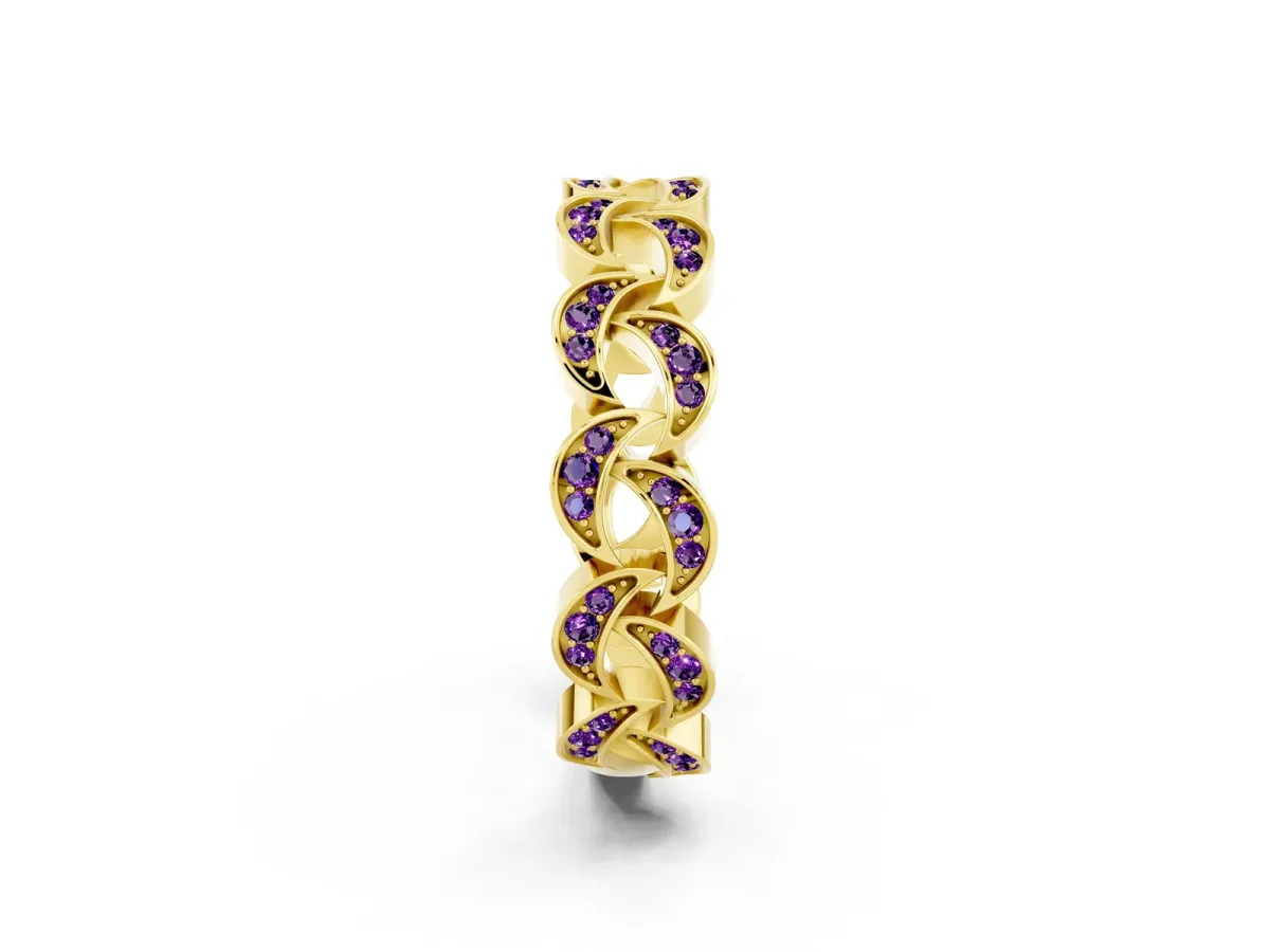 Pavé Round Amethyst Interlocking Eternity Band with Bezel Prong Setting Yellow gold