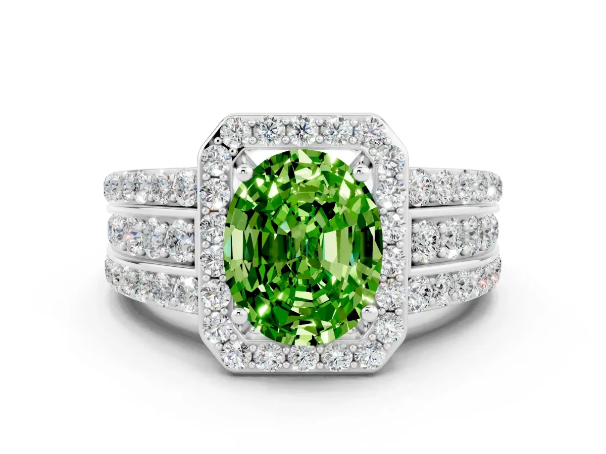 Oval Cut Halo Peridot Ring with Round Split Shank and Prong Setting Silver