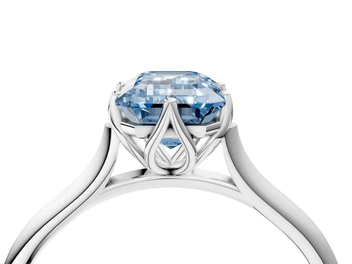 Fancy Blue Emerald Cut Solitaire Cathedral Diamond Ring with Six-Prong Setting Silver