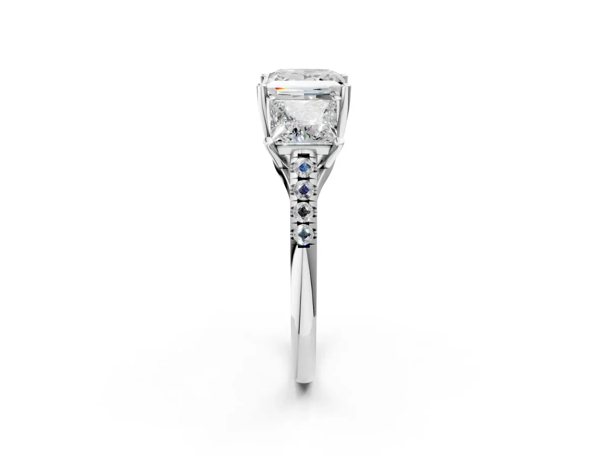 Three-Stone Princess Cut Diamond Ring with Round Pavé Band and Prong Setting Platinum