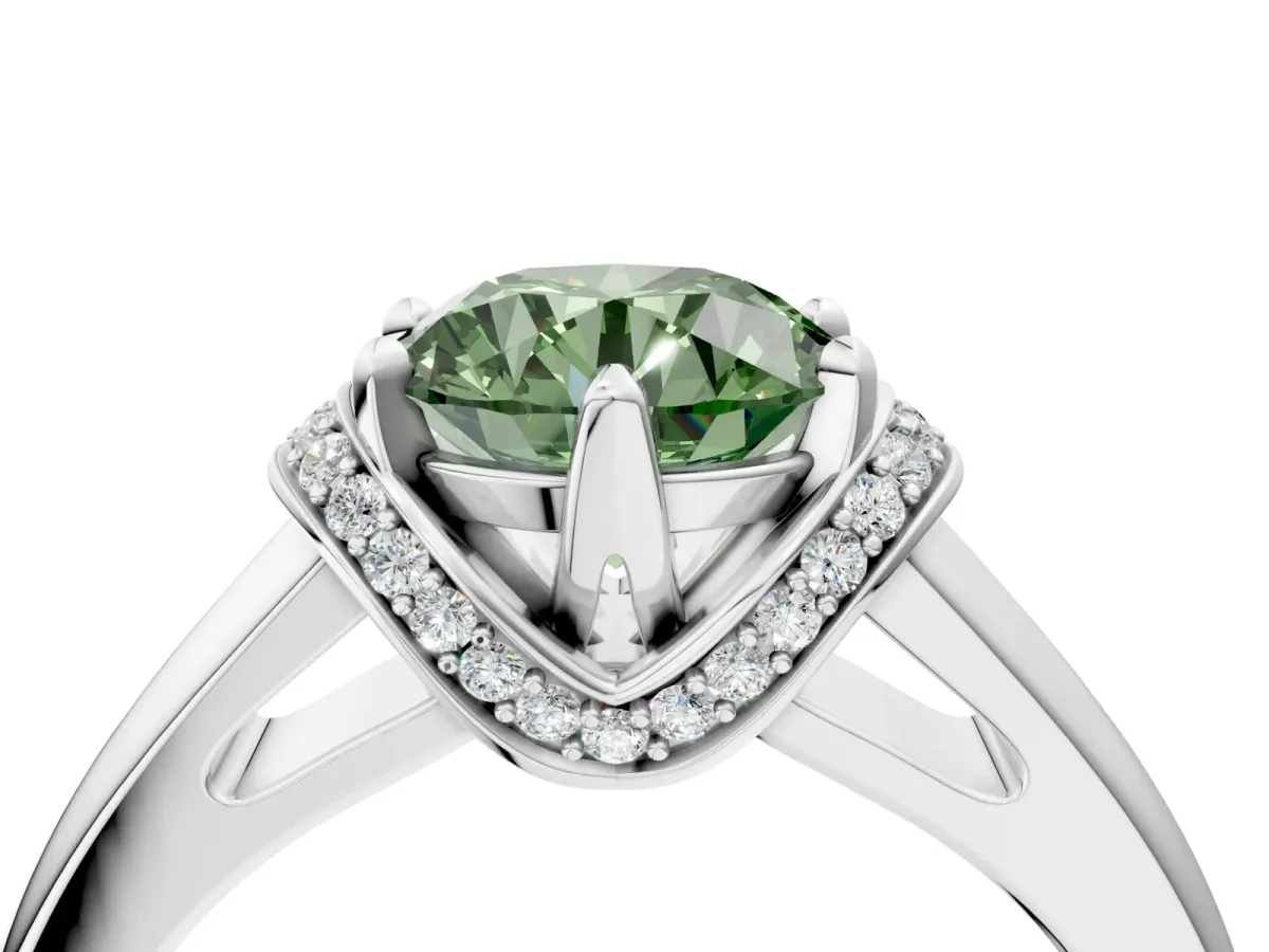 Fancy Green Round Cut Solitaire Diamond Ring with Pave Band and Six-Prong Setting Silver