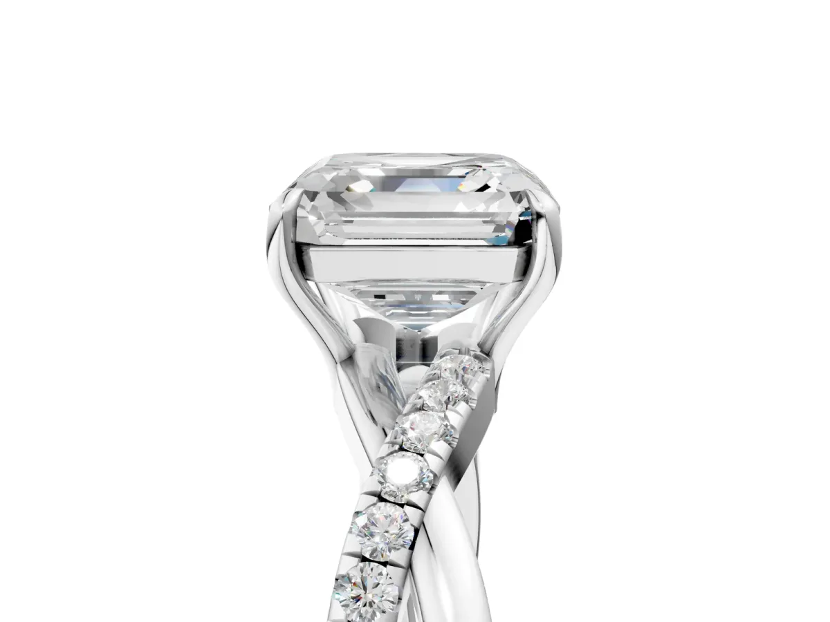 Asscher Cut Cut Diamond Twisted Band with Pavé Setting and Four-Prong Setting Platinum