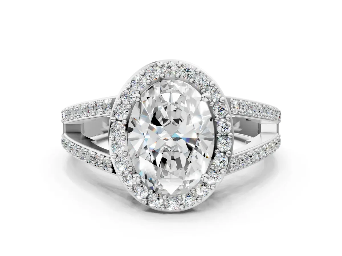 Oval Cut Diamond Halo Ring with Split Shank U-Prong Band and Four-Prong Setting Silver