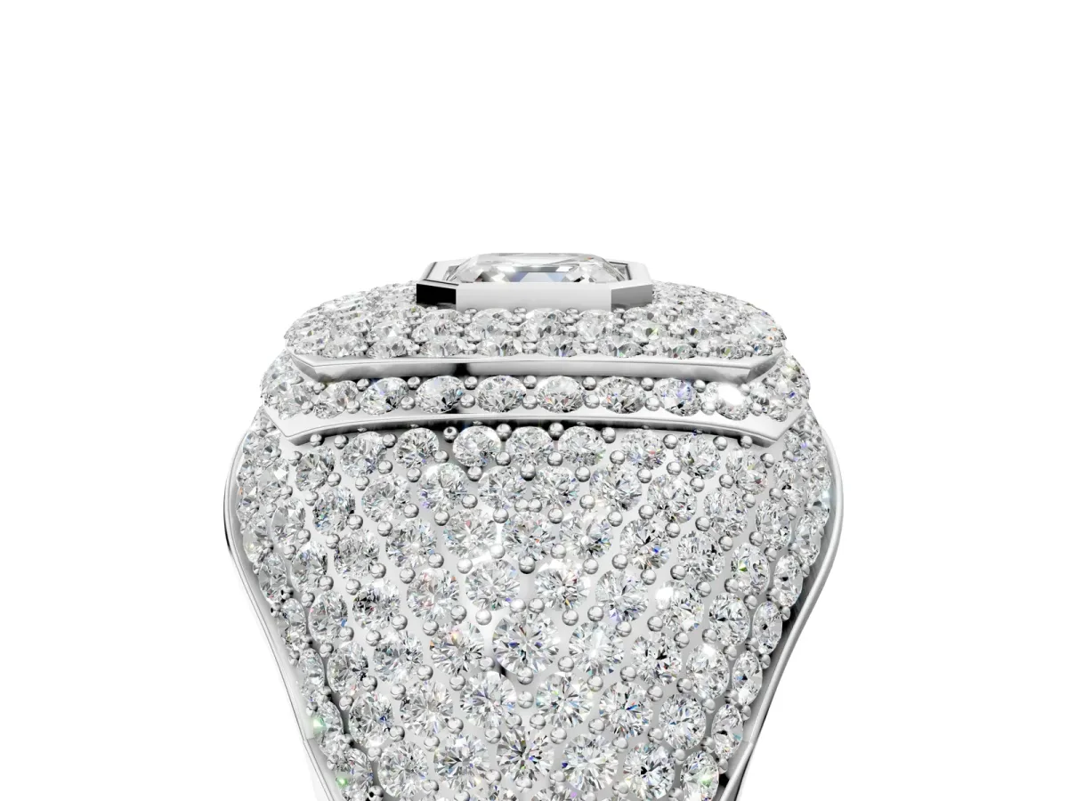 Asscher Cut Diamond Bezel Set Pavé Dome Mens Ring Silver