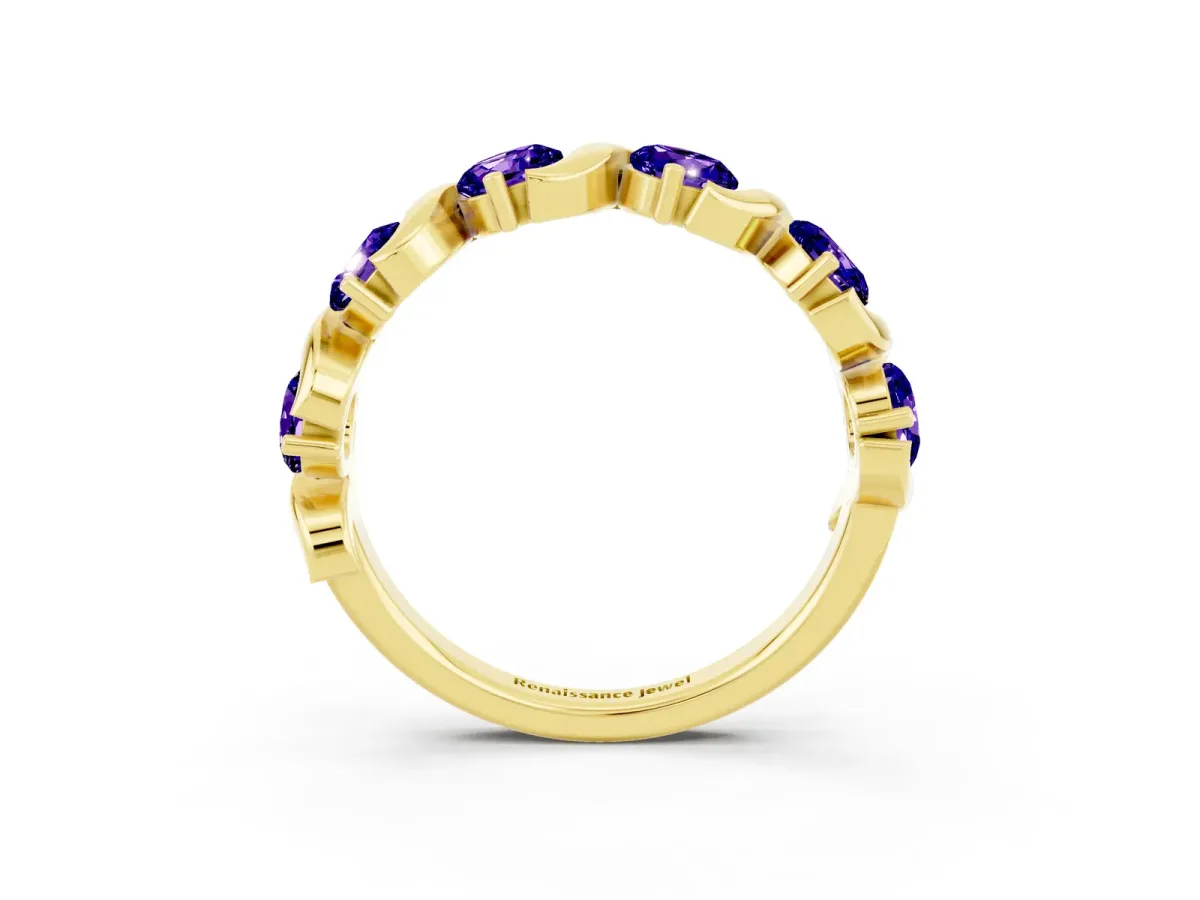 Six-Stone Round Tanzanite Wave Band with Shared Prong Setting Yellow gold