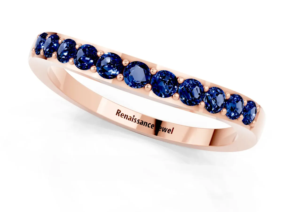 Round Blue Sapphire Curved Wedding Band with Channel Setting Rose gold