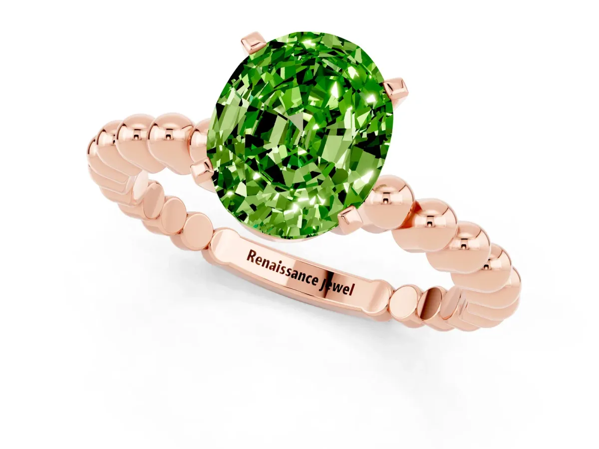 Oval Cut Peridot Solitaire Ring with Beaded Band and Prong Setting Rose gold