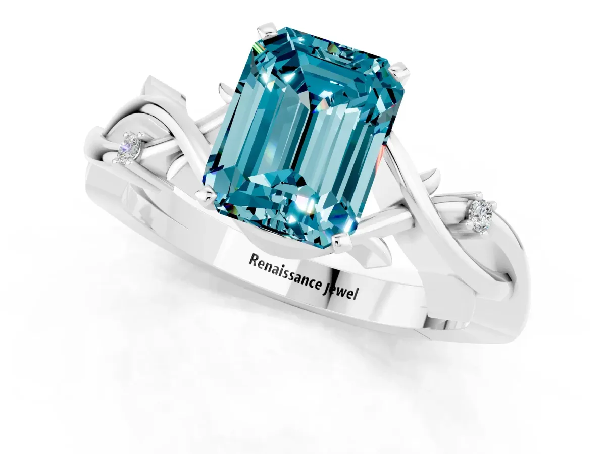Emerald Cut Blue Topaz Solitaire Ring with Twisted Band and Prong Setting Silver