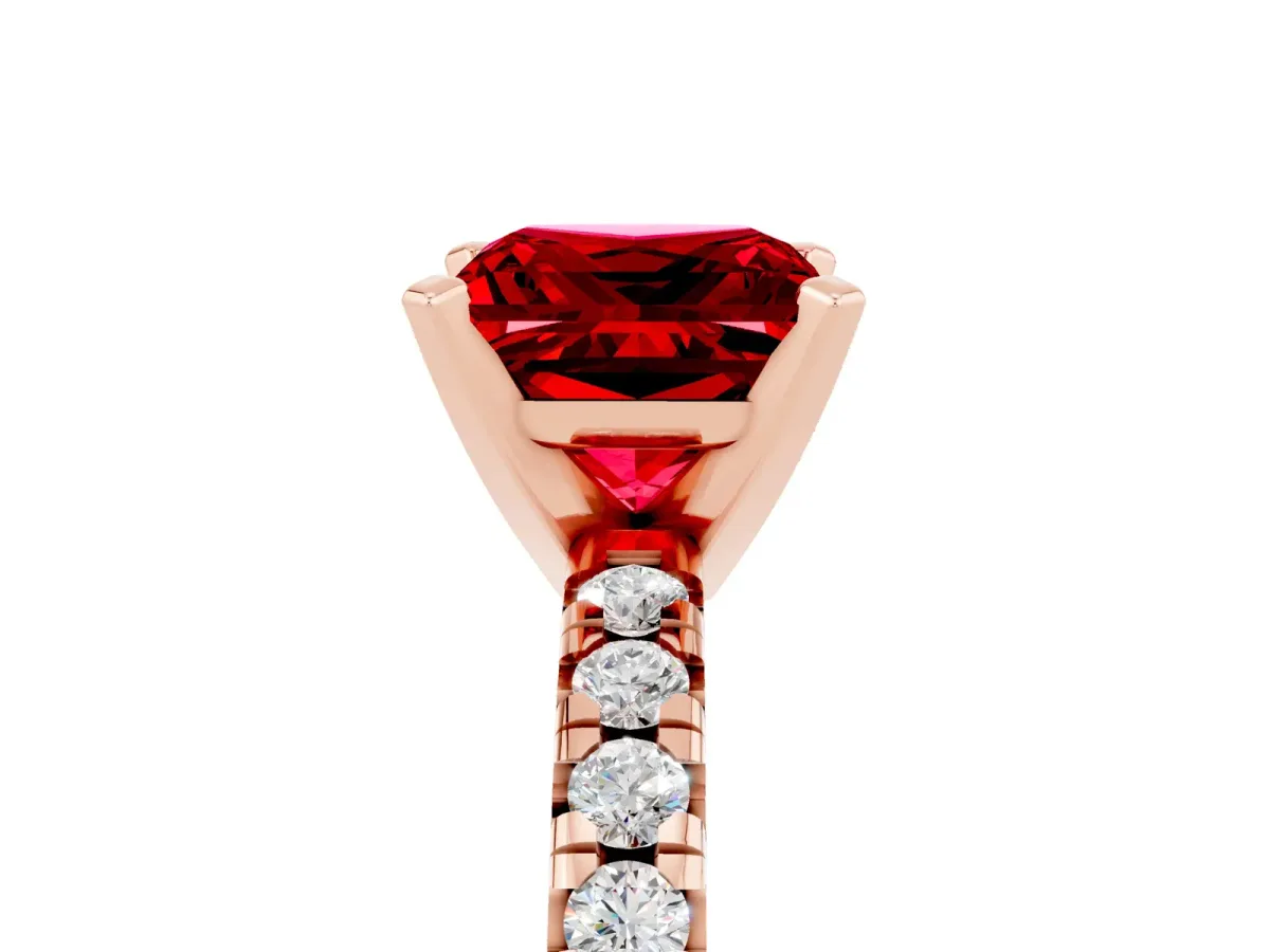 Princess Cut Ruby Solitaire Pavé Engagement Ring with Round Band and Prong Setting Rose gold