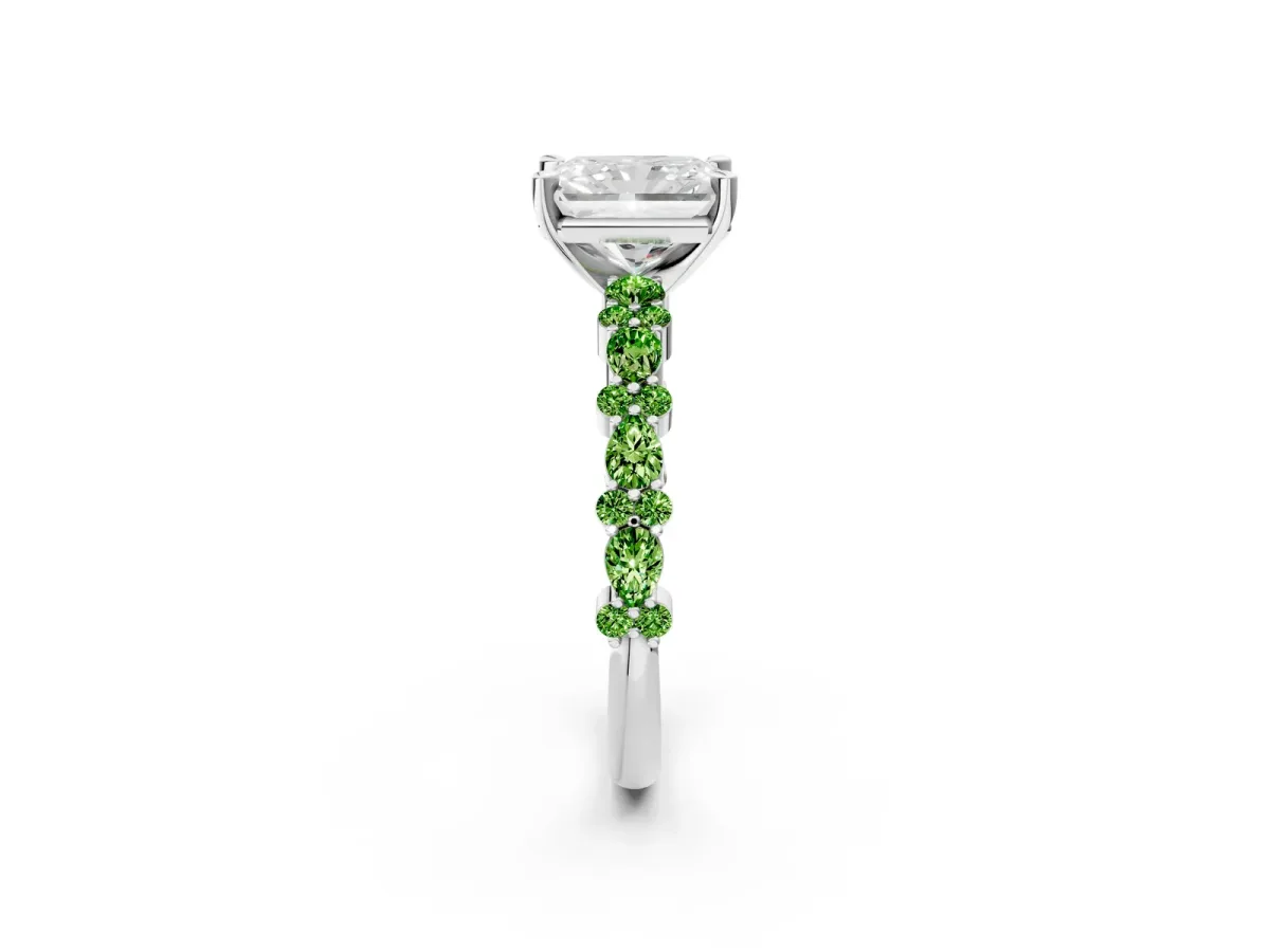 Radiant Cut Diamond Side Stone Solitaire Ring with Round Peridot and Four-Prong Setting Platinum