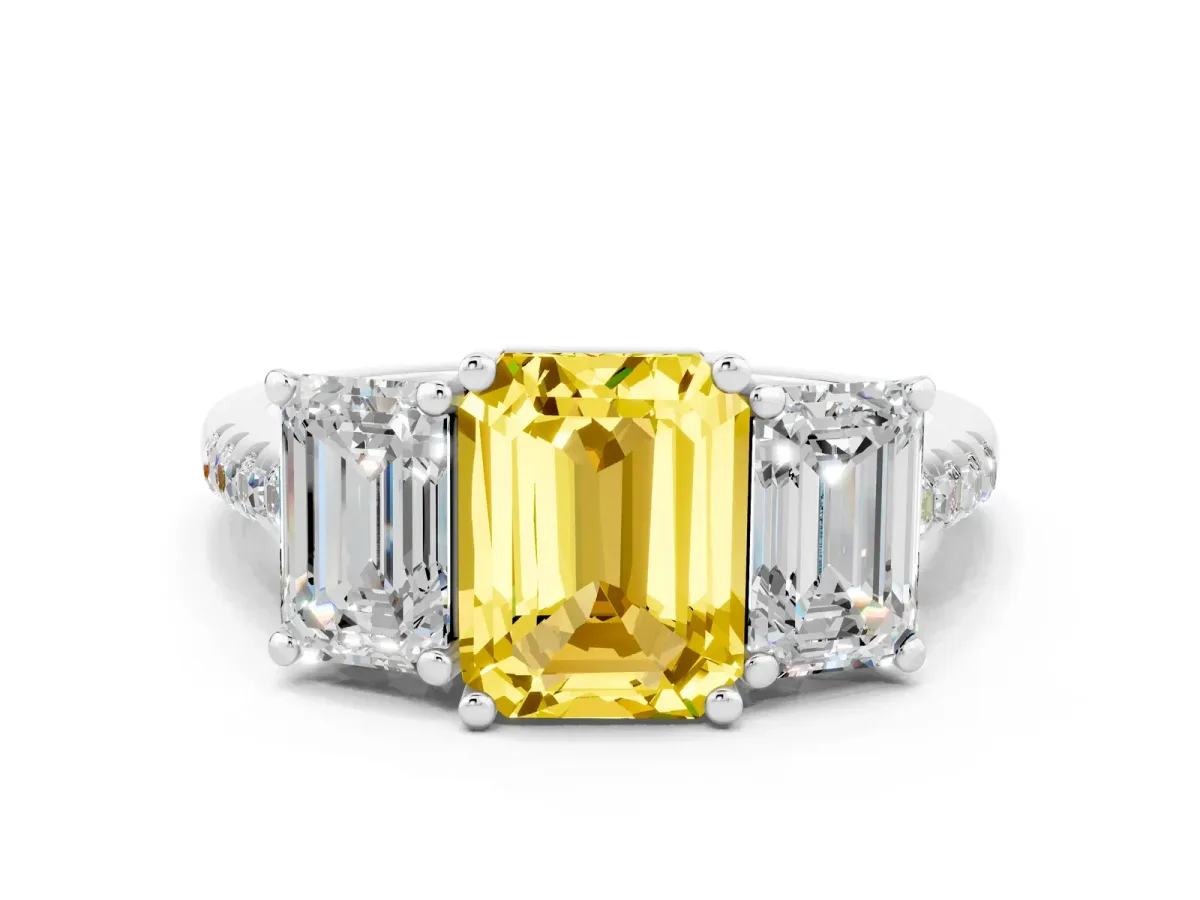 Three-Stone Emerald Cut Yellow Sapphire Ring with Round Pavé Band and Prong Setting Silver