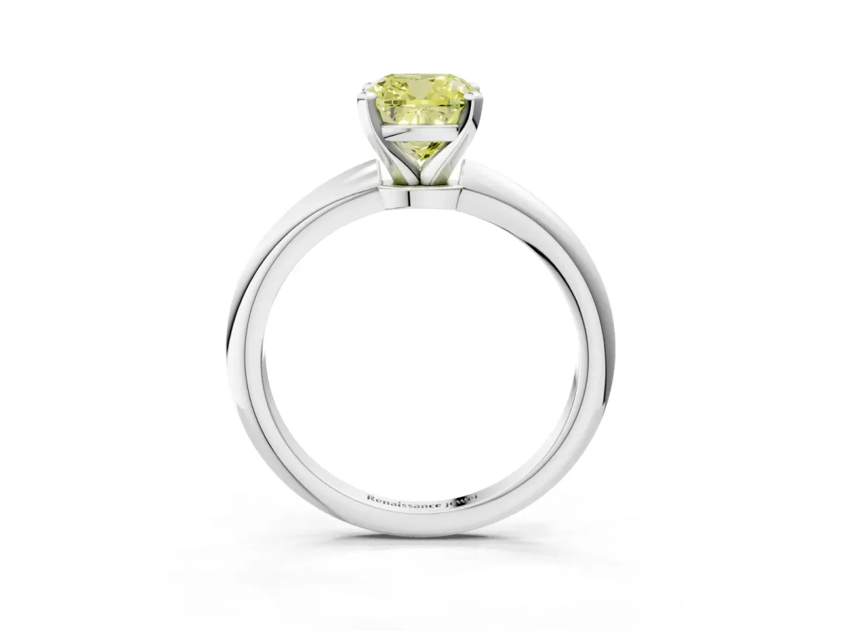 Fancy Yellow Cushion Cut Diamond Solitaire Ring with Six-Prong Setting and Classic Band Silver