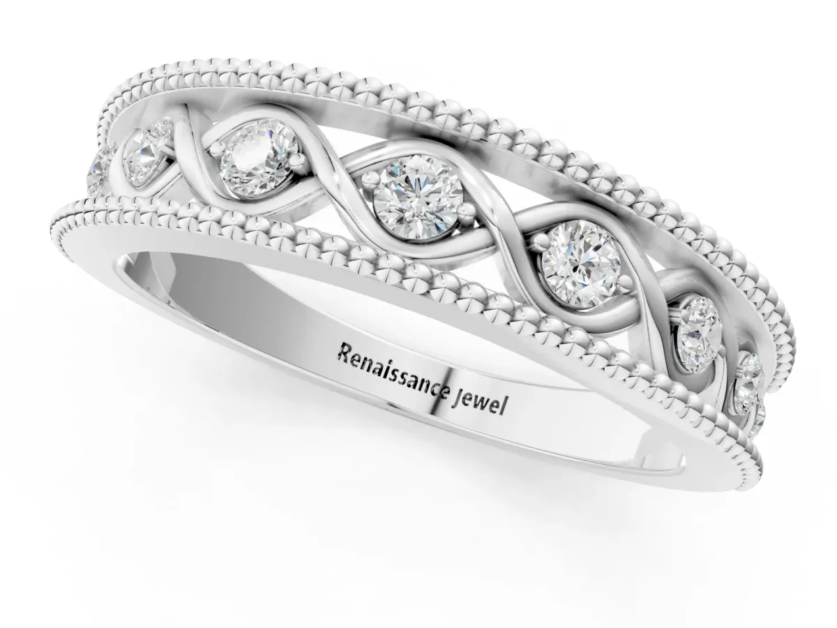 Round Diamond Twist Milgrain Band with Bezel Setting Silver