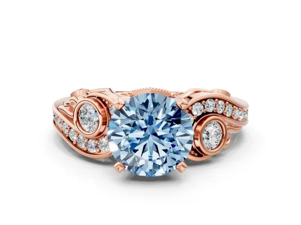 Fancy Blue Round Cut Diamond Solitaire Ring with Milgrain Pavé Band and Four-Prong Setting Rose gold