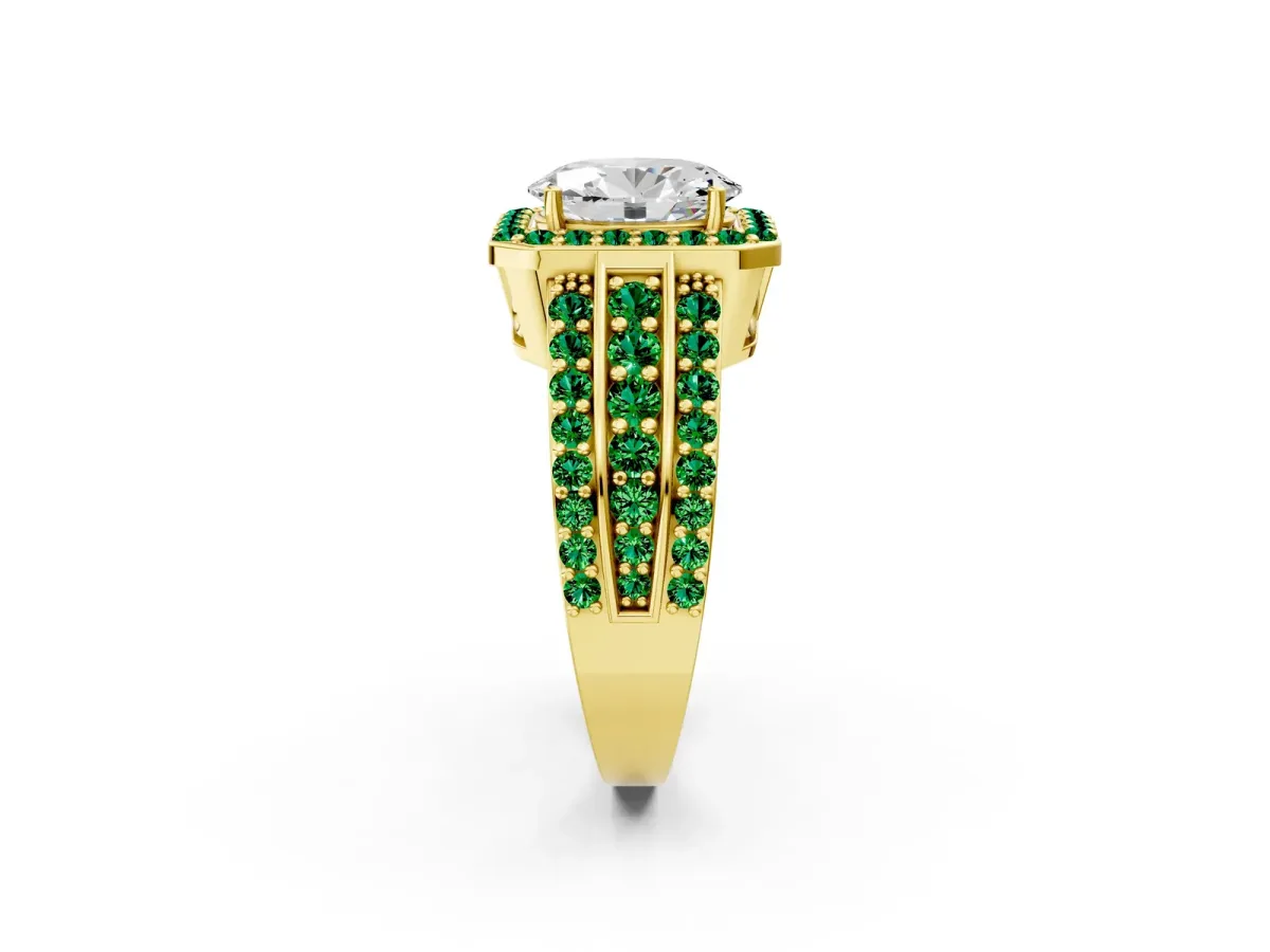 Oval Cut Halo Diamond Ring with Round Emerald Split Shank and Prong Setting Yellow gold
