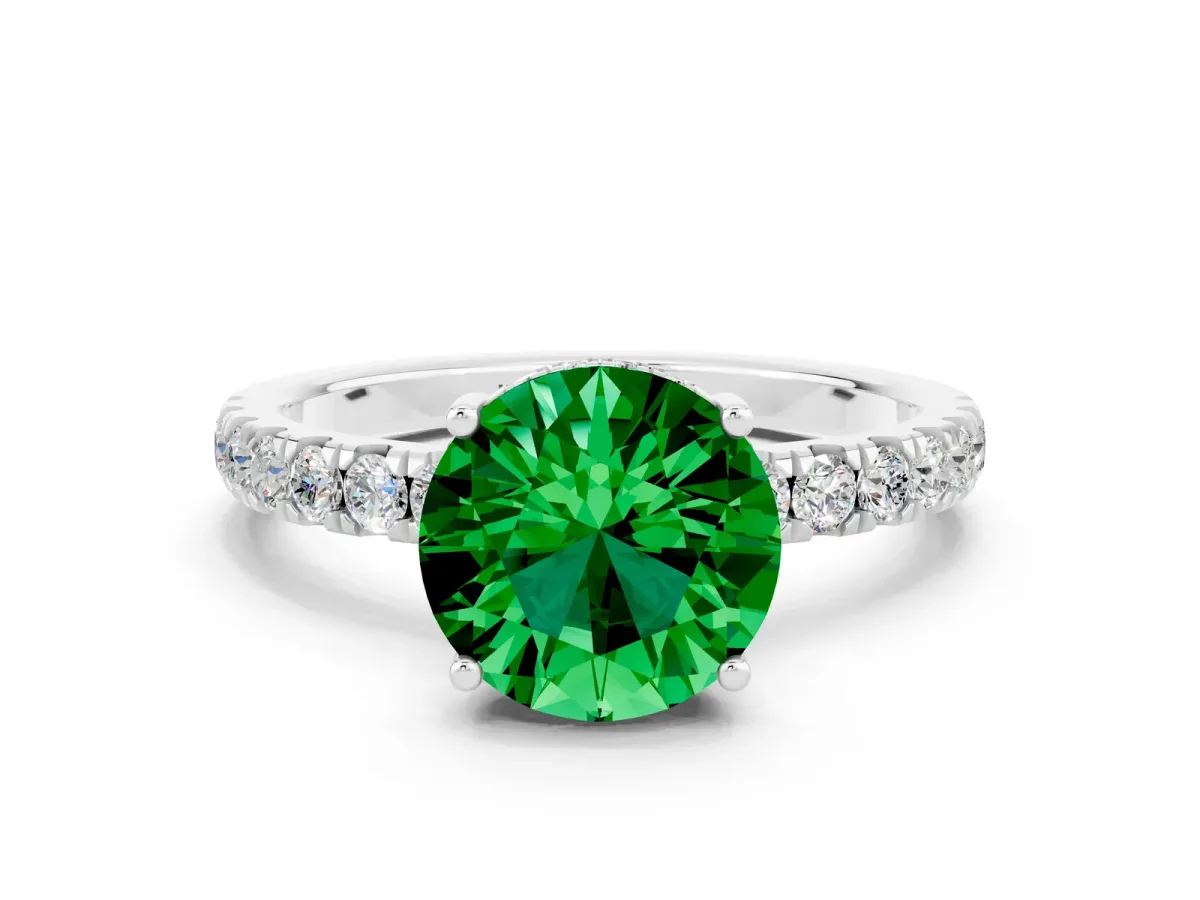 Round Cut Emerald Pave Band Solitaire Ring with Round and Prong Setting Platinum