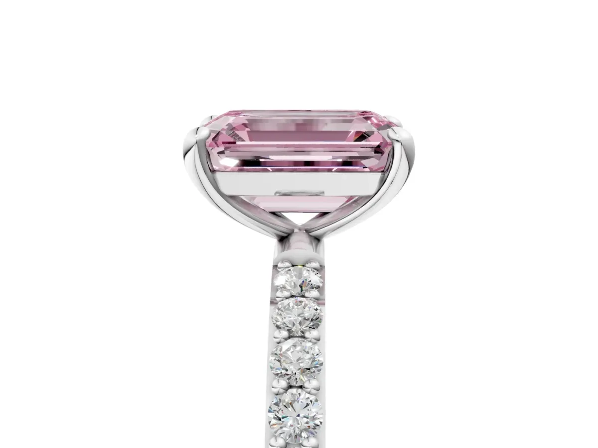 Fancy Pink Emerald Cut Diamond Solitaire Ring with Round Pavé Band and Prong Setting Platinum