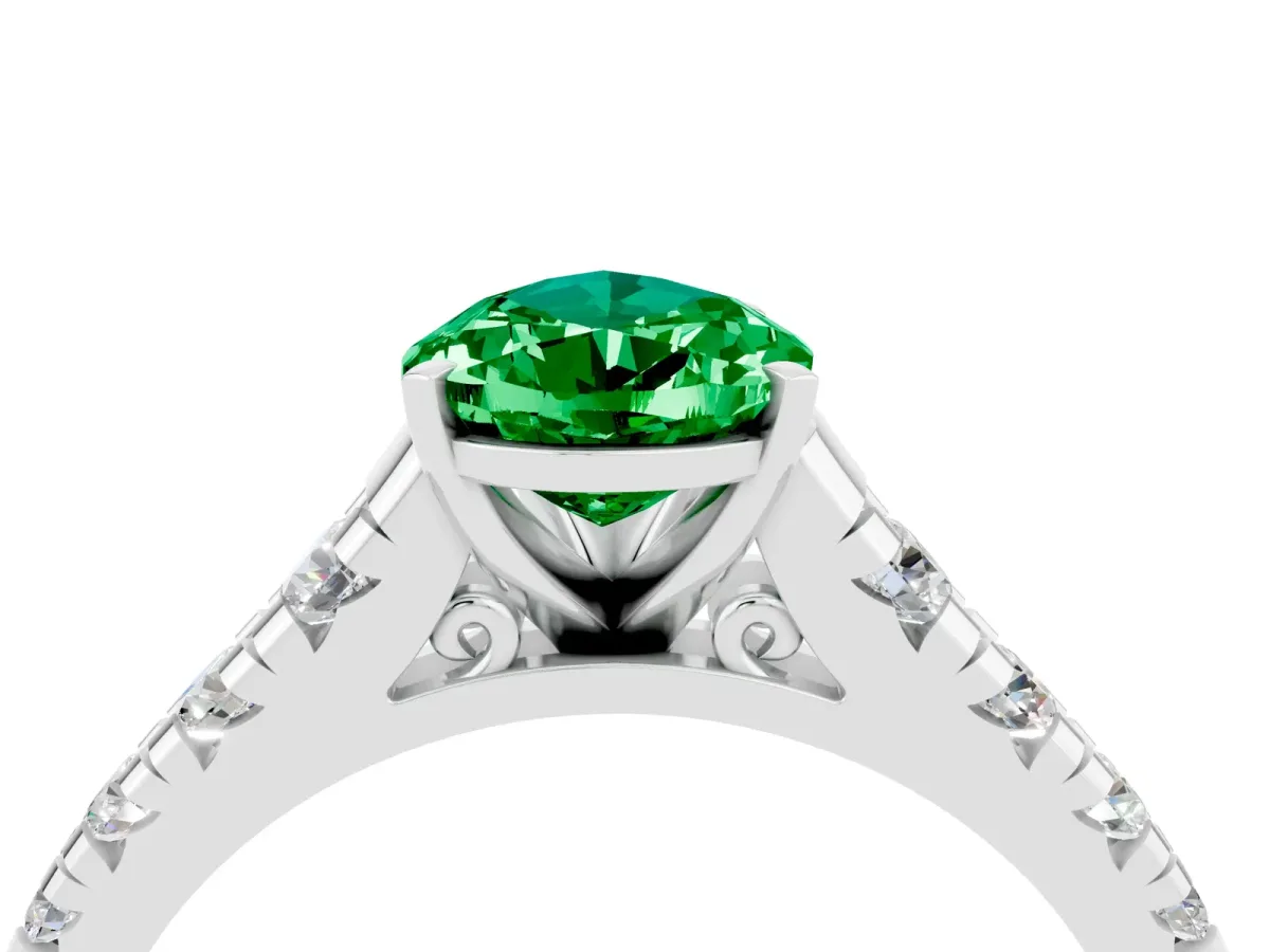 Pear Cut Emerald Cathedral Solitaire Ring with Round Pavé Band Silver