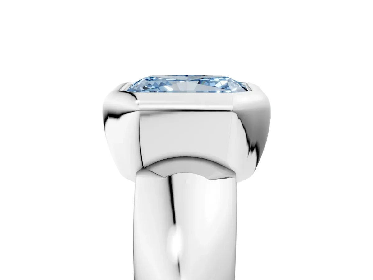 Fancy Blue Bezel Set Radiant Cut Solitaire Ring with Wide Band Platinum