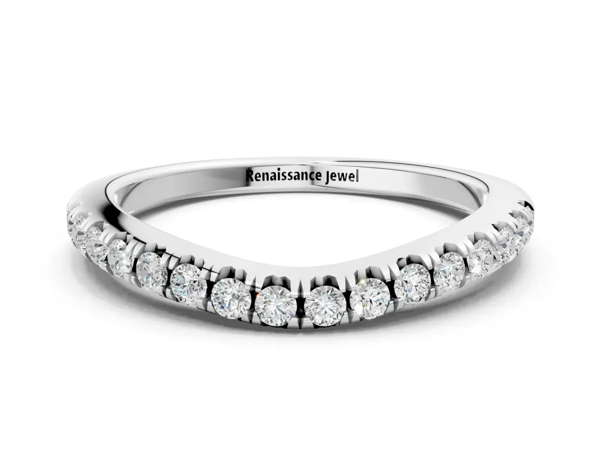 Round Diamond Pavé Curved Band with Shared Prong Setting Silver