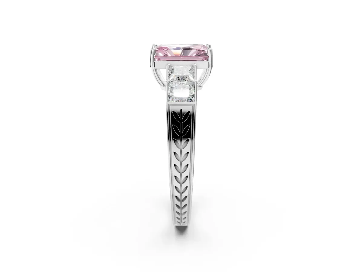 Fancy Pink Radiant Cut Solitaire Princess Side Stone Engraved Band Prong Setting Ring Platinum