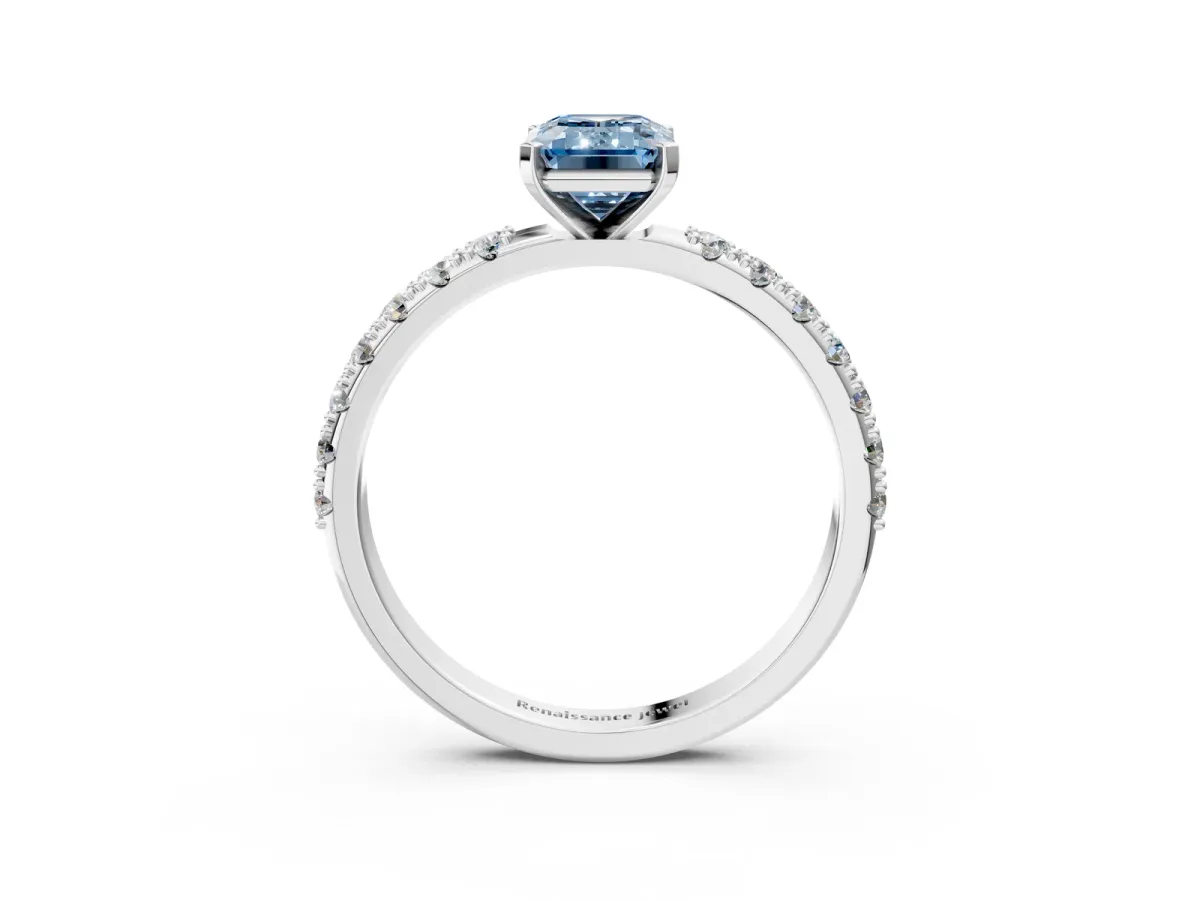 Fancy Blue Emerald Cut Diamond Solitaire Pavé Band with Four-Prong Setting Silver