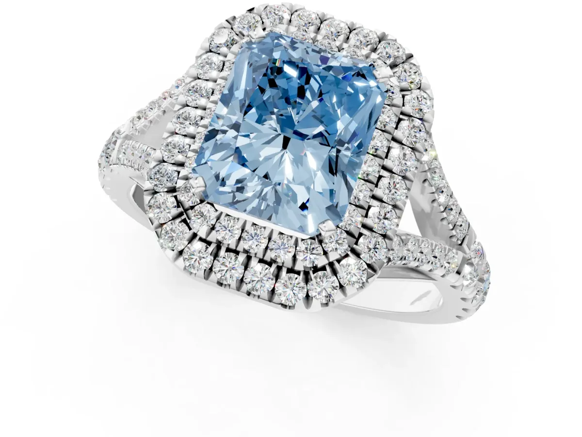 Fancy Blue Radiant Cut Diamond Pavé Split Shank Double Halo Engagement Ring Platinum