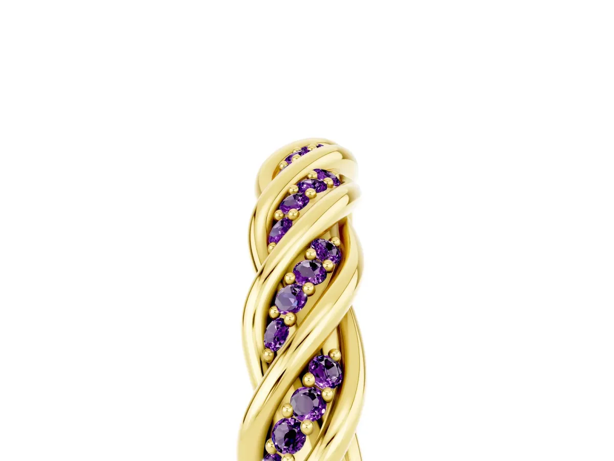 Twisted Pavé Round Amethyst Eternity Band with Shared Prong Setting Yellow gold
