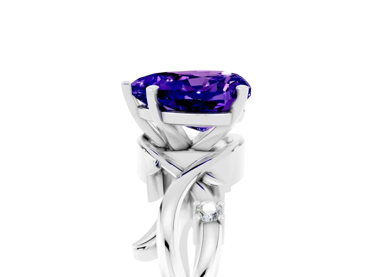 Heart Cut Tanzanite Solitaire Ring with Twisted Band and Prong Setting Platinum