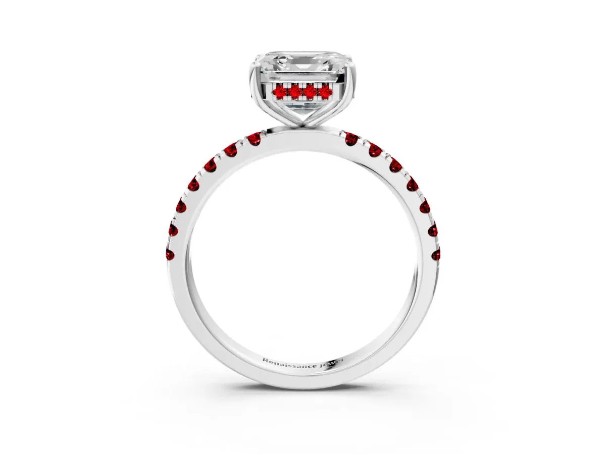 Asscher Cut Diamond Pave Band Solitaire Ring with Round Ruby and Prong Setting Silver