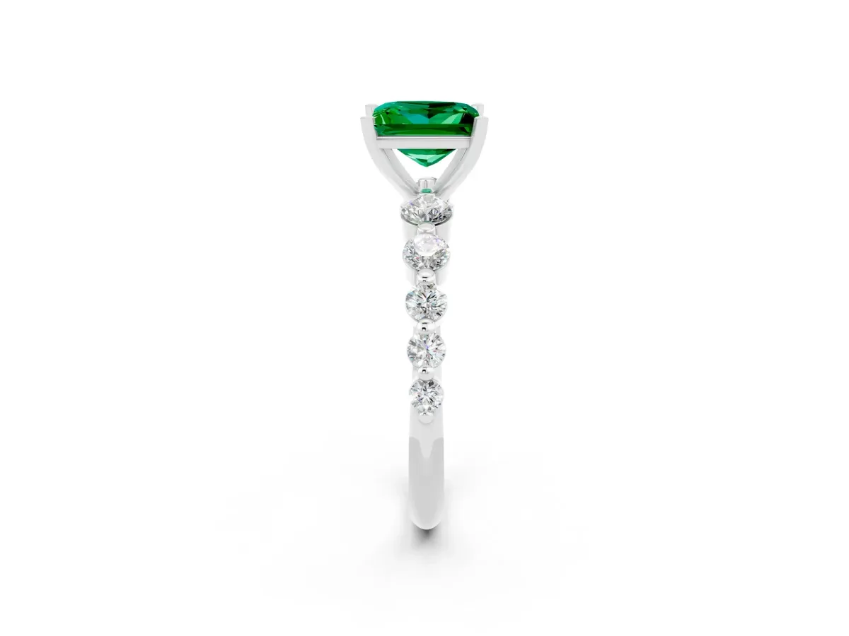 Princess Cut Solitaire Emerald Ring with Pave Band and Four-Prong Setting Silver
