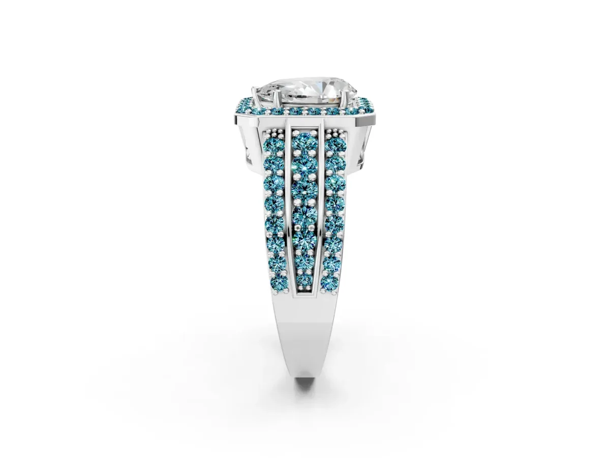 Pear Cut Halo Diamond Ring with Round Blue Topaz Split Shank and Prong Setting Silver